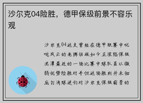 沙尔克04险胜，德甲保级前景不容乐观